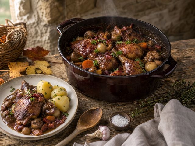 Coq au vin Burgundin tapaan